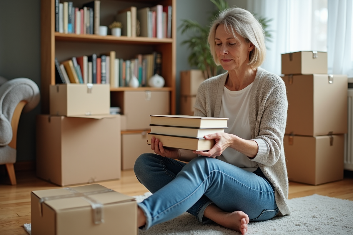 Femme emballant des livres dans un déménagement