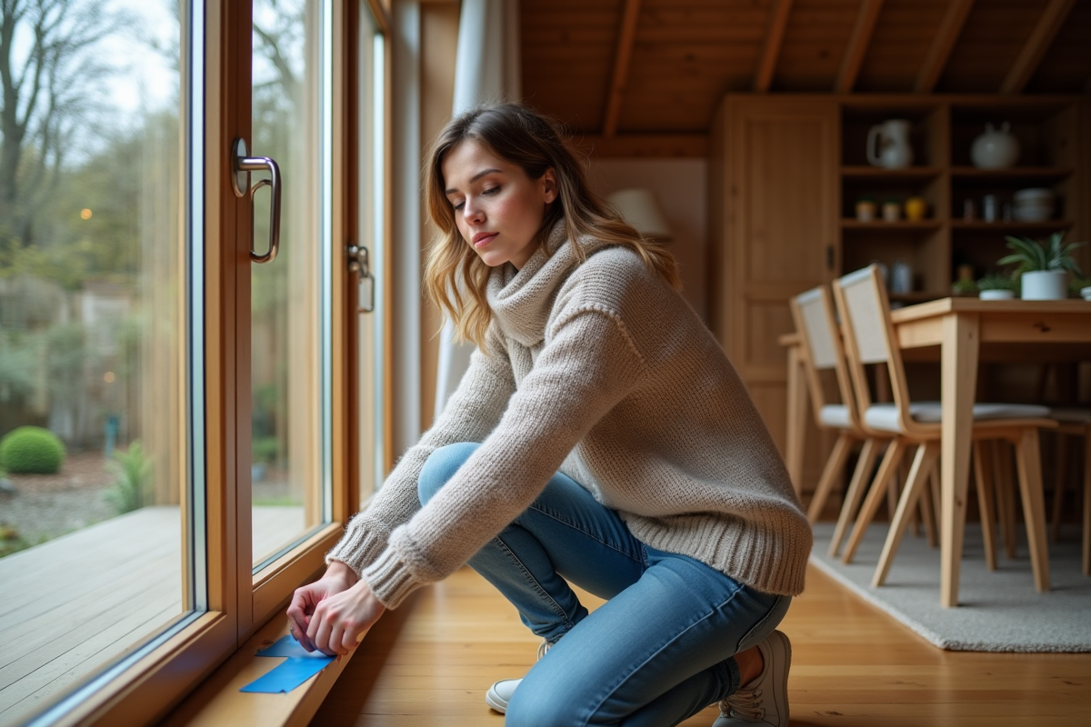 Femme isolant une fenêtre avec du ruban adhésif dans une pièce chaleureuse