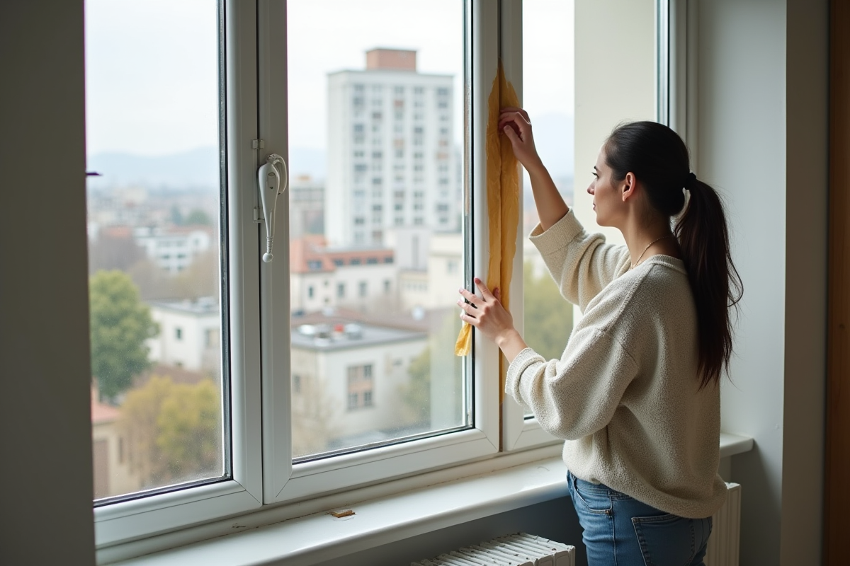 Jeune femme appliquant une bande isolante sur une fenêtre
