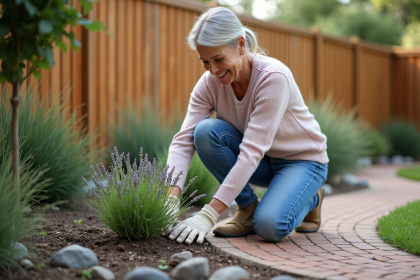 Femme plantant une lavande dans son jardin en été