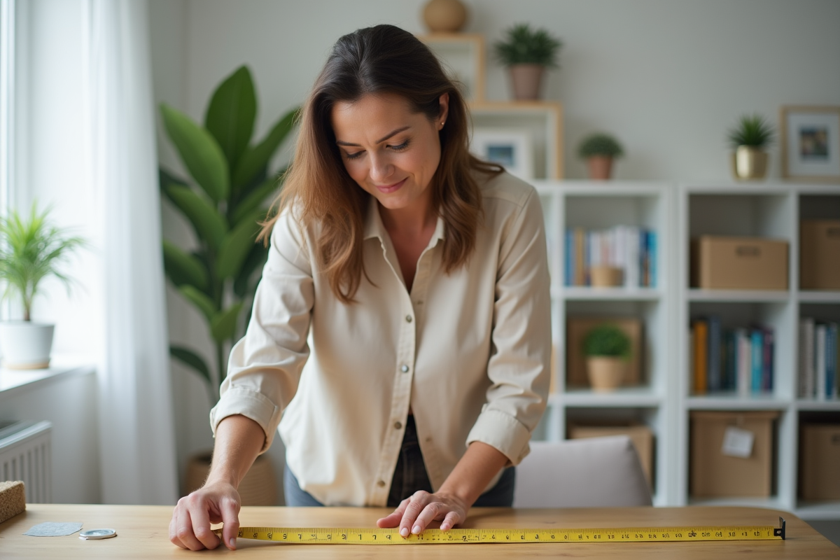 Femme mesurant un bureau en bois dans un bureau à domicile