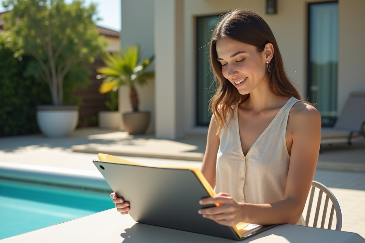 Jeune femme lisant un dossier de conformite piscine au bord de la piscine