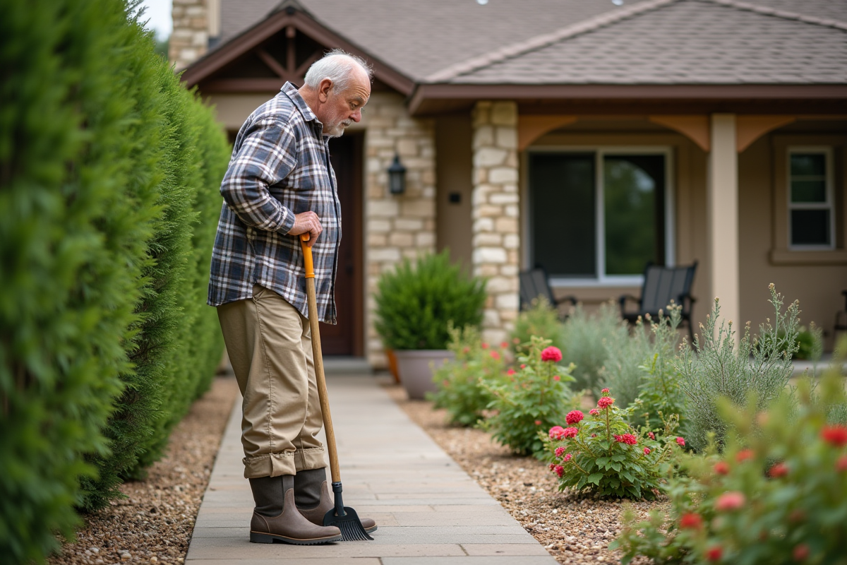 Homme âgé dans son jardin avec un râteau et plantes résistantes