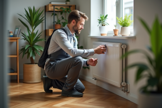 Homme d'âge moyen ajustant un radiateur moderne dans un appartement