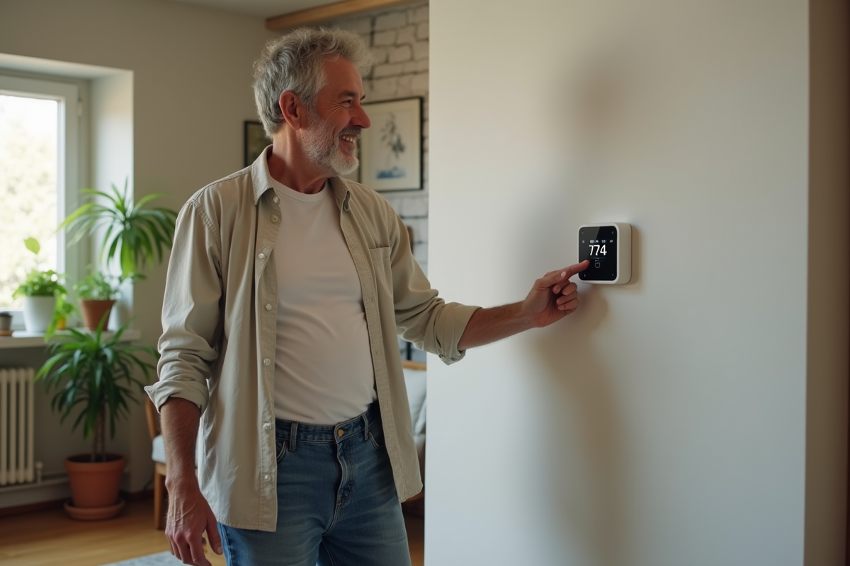 Homme ajustant un thermostat numérique dans un intérieur moderne