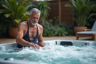 Homme d'âge moyen dans un maillot bleu sur un spa extérieur