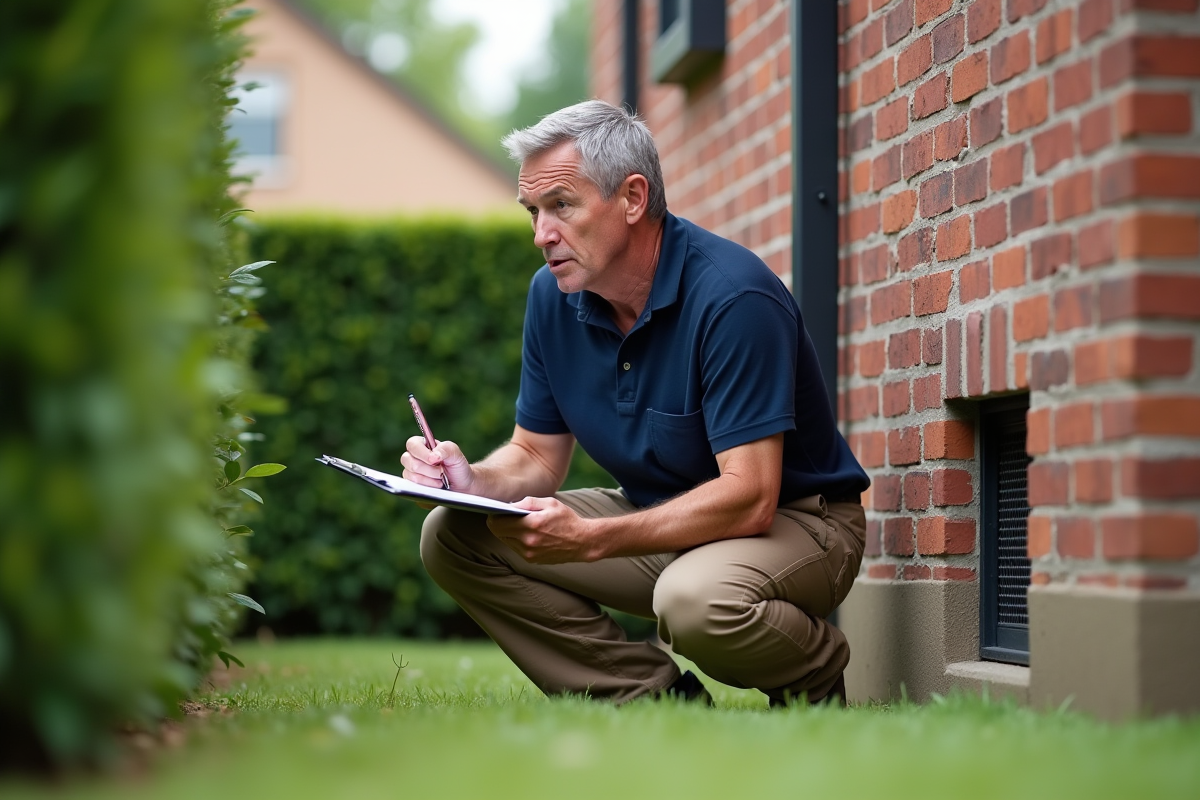 Inspecteur professionnel vérifiant un vide sanitaire extérieur