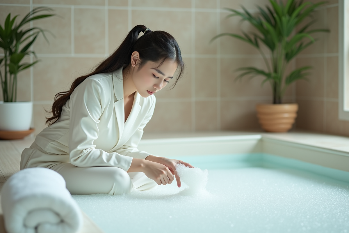 Jeune femme en blanc examinant la mousse dans un bain intérieur