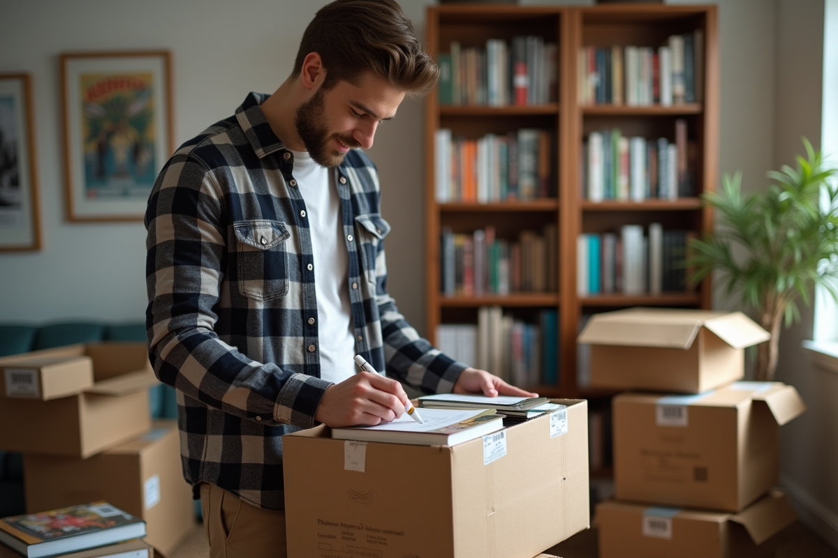 Jeune homme étiquetant des caisses de livres