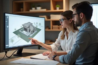 Jeune architecte femme examine un plan 3D au bureau