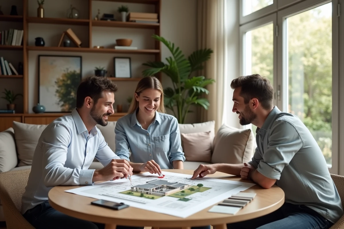 Architecte homme présente un plan maison à un couple dans le salon