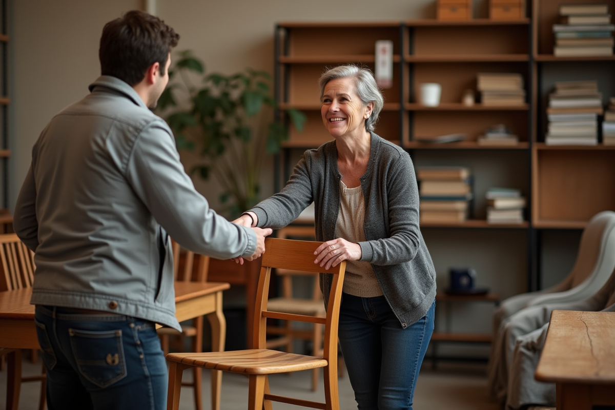 Femme souriante donnant une chaise en bois à un jeune homme dans un centre de dons