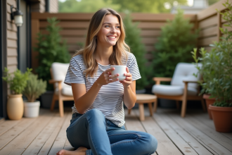 Jeune femme détendue avec café dans un jardin