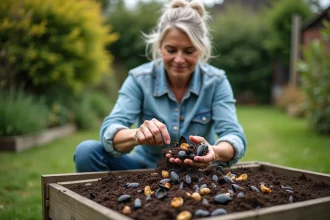 Femme versant des coquilles de moules dans un compost de jardin