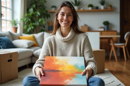 Femme souriante déballant un tableau coloré dans son salon