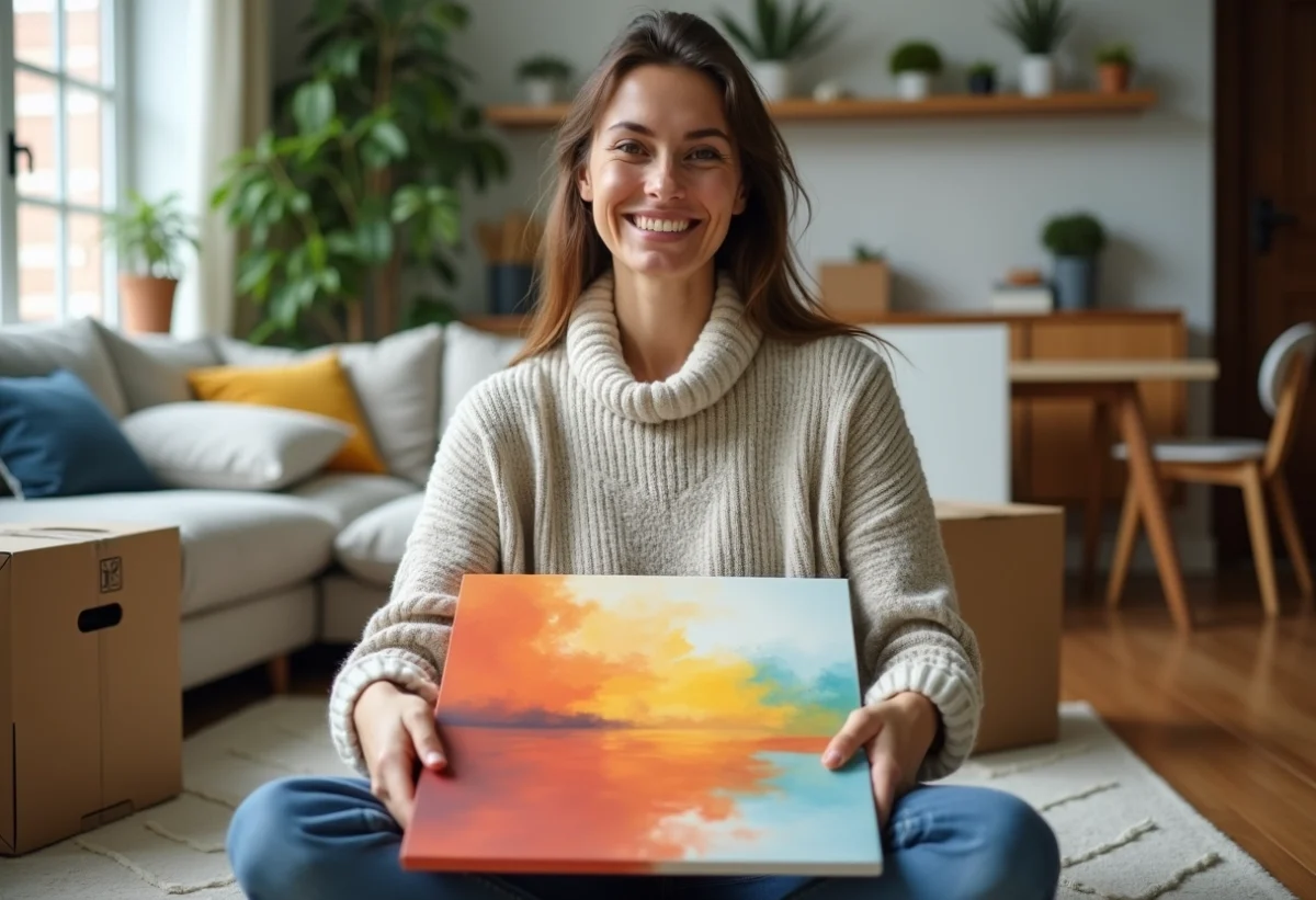 Femme souriante déballant un tableau coloré dans son salon