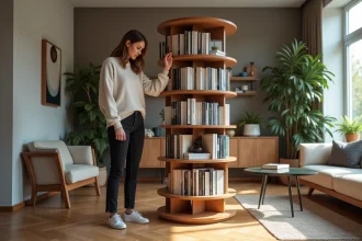 Femme stylée tournant une bibliothèque rotative dans un salon moderne