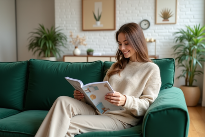 Jeune femme dans un salon moderne et cosy
