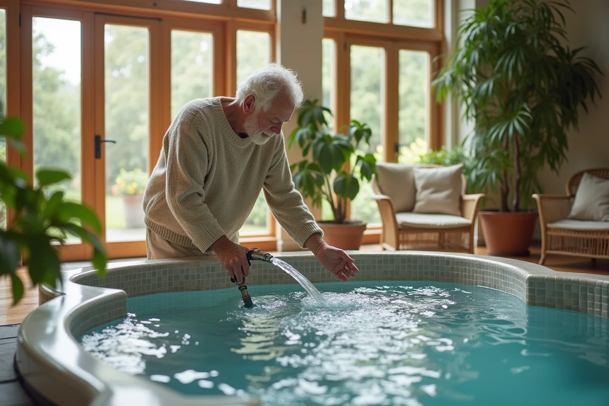 Homme âgé vidant un spa dans une véranda lumineuse