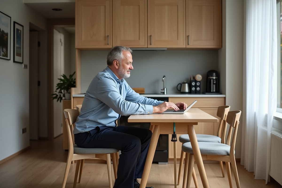 Homme pliant des chaises dans un appartement scandinave