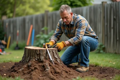 Homme en jeans et chemise à carreaux déplaçant une souche d'arbre