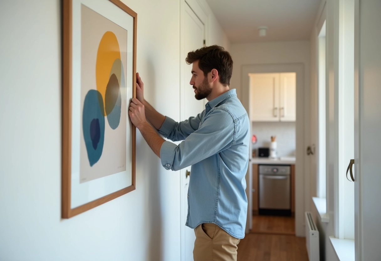 Jeune homme accrochant une œuvre d