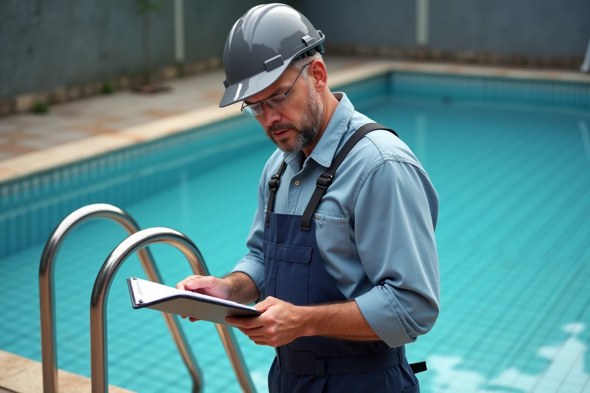 Ingénieur inspectant des rails de piscine en acier inoxydable