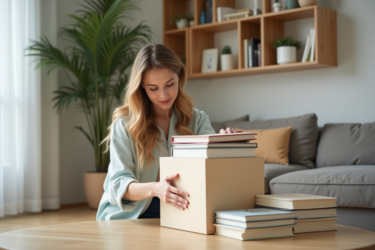 Femme arrangeant des cubes de rangement dans un salon minimaliste