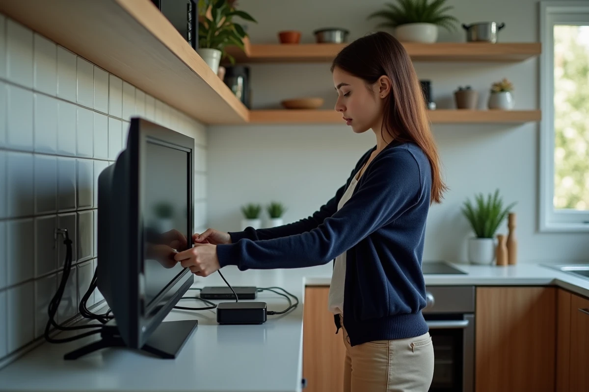 Femme branchant un câble HDMI entre deux téléviseurs dans la cuisine