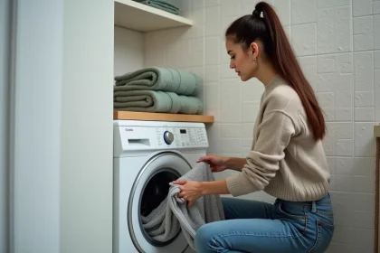 Jeune femme chargeant une machine à laver dans un coin buanderie