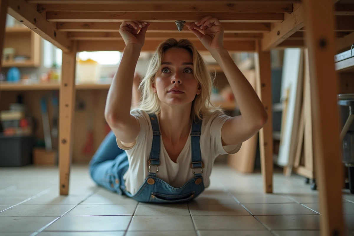 Jeune femme en overalls desserrant une vis sous une table