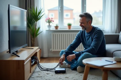 Homme assis sur un tapis moderne connectant deux téléviseurs