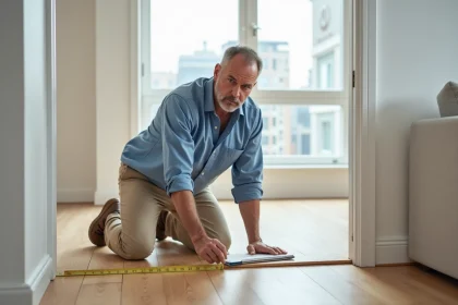 Homme mesurant un sol en rénovation dans un salon moderne
