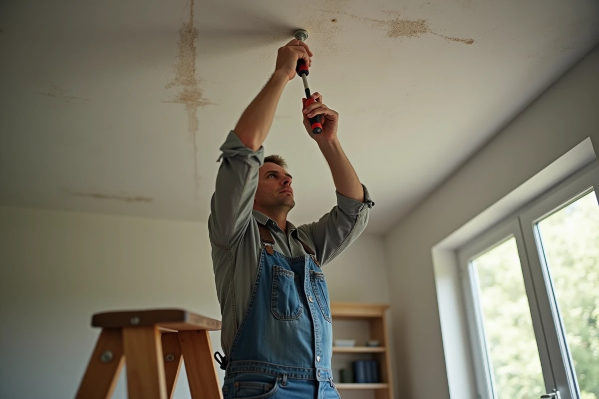 Homme d'âge moyen sur un escabeau réparant au plafond