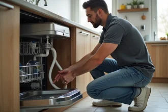 Homme vérifiant la connexion du lave-vaisselle sous l'évier