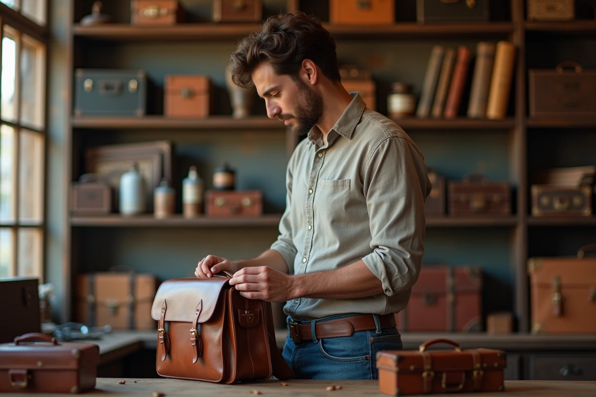 Jeune homme inspectant un sac en cuir ancien