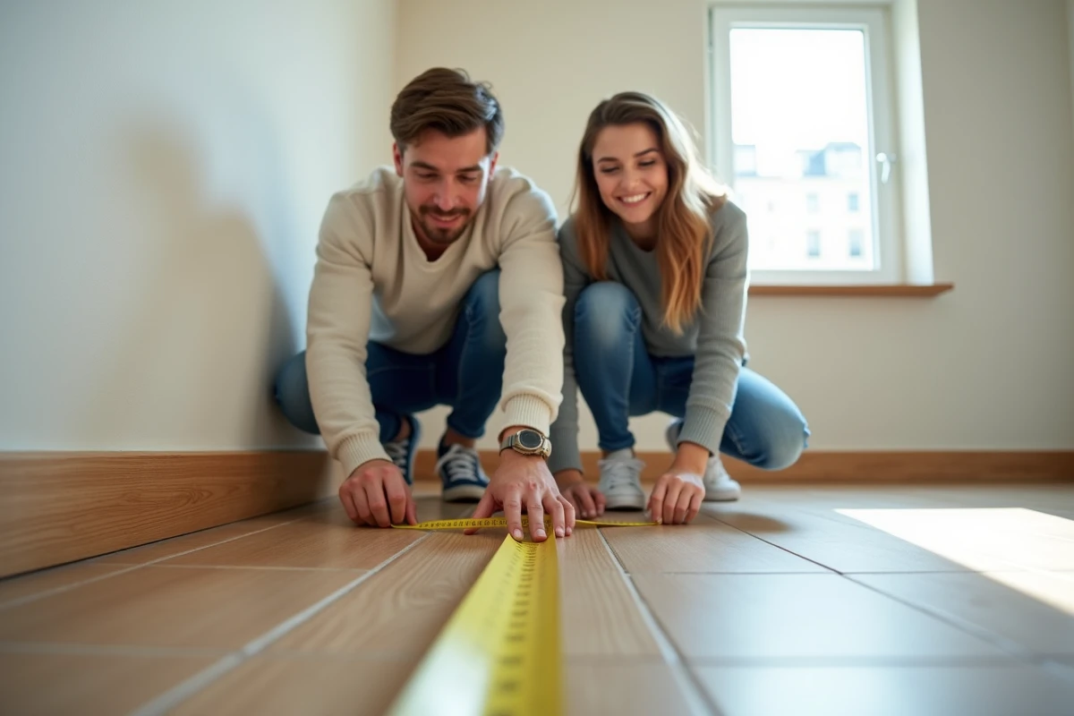 Jeune couple mesurant un mur dans un intérieur lumineux