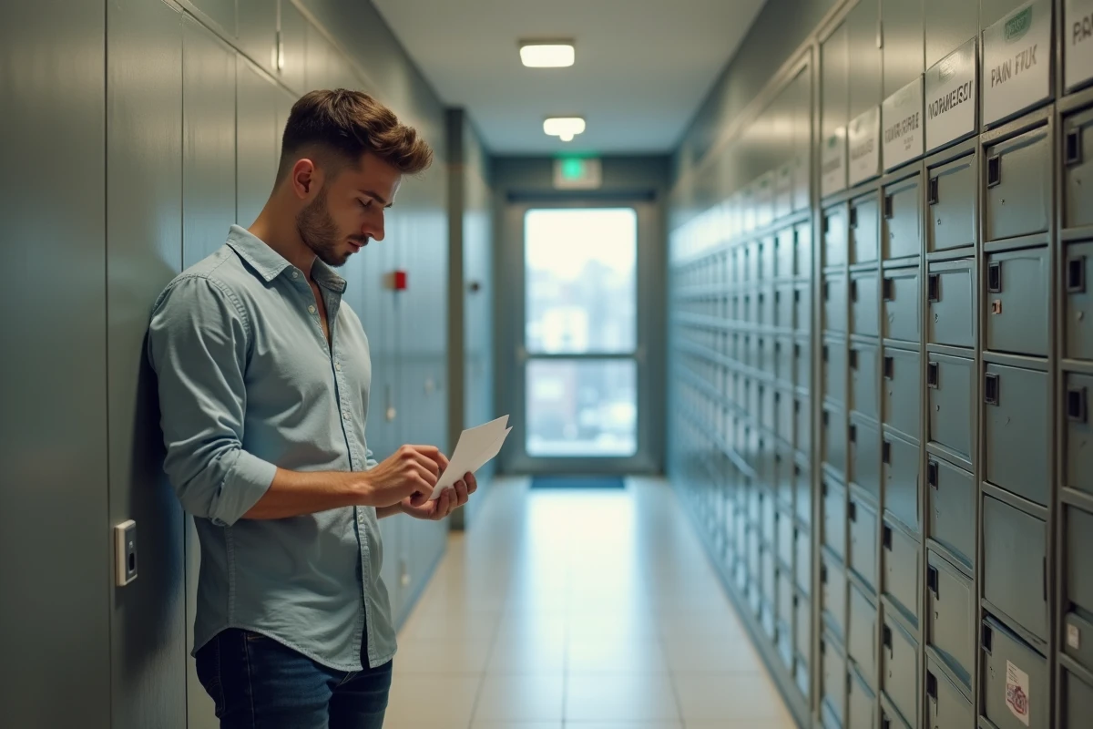 Jeune homme posant un sticker sur une boîte aux lettres dans un hall urbain