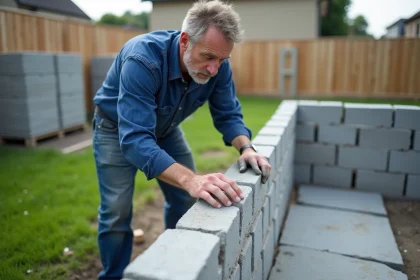 Maçon en bleu posant un bloc de béton sur une clôture