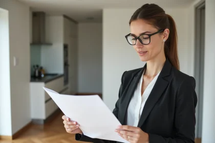 Femme professionnelle examinant un plan dans un appartement moderne