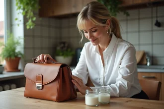 Femme appliquant soin à un sac en cuir de luxe
