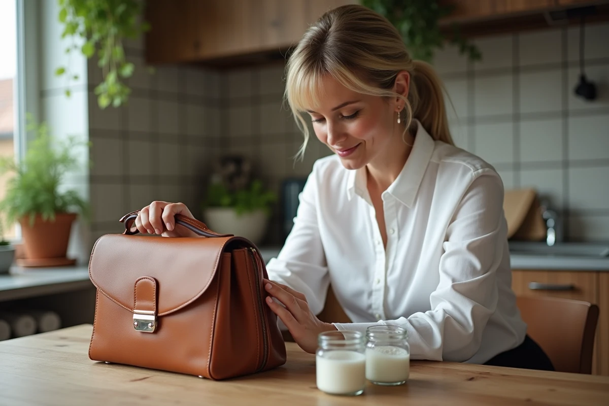 Femme appliquant soin à un sac en cuir de luxe