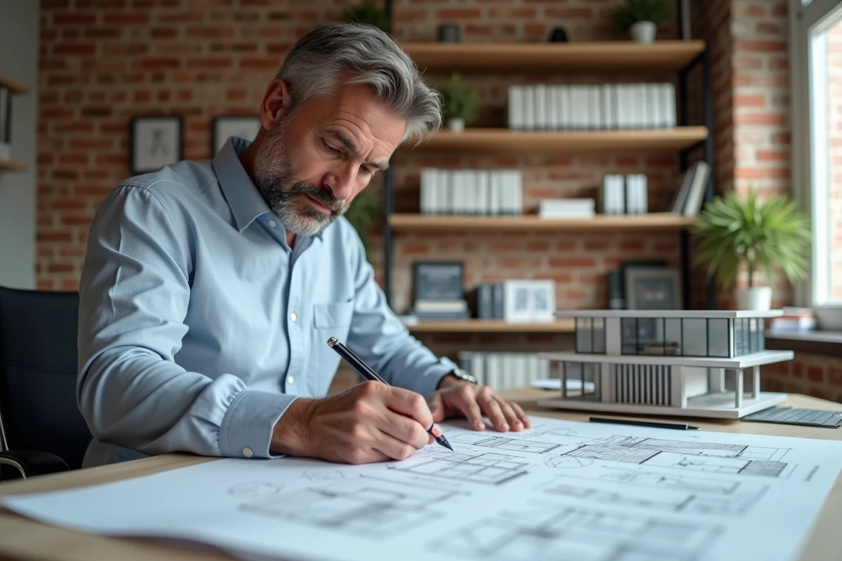 Architecte dessinant des plans dans un bureau lumineux