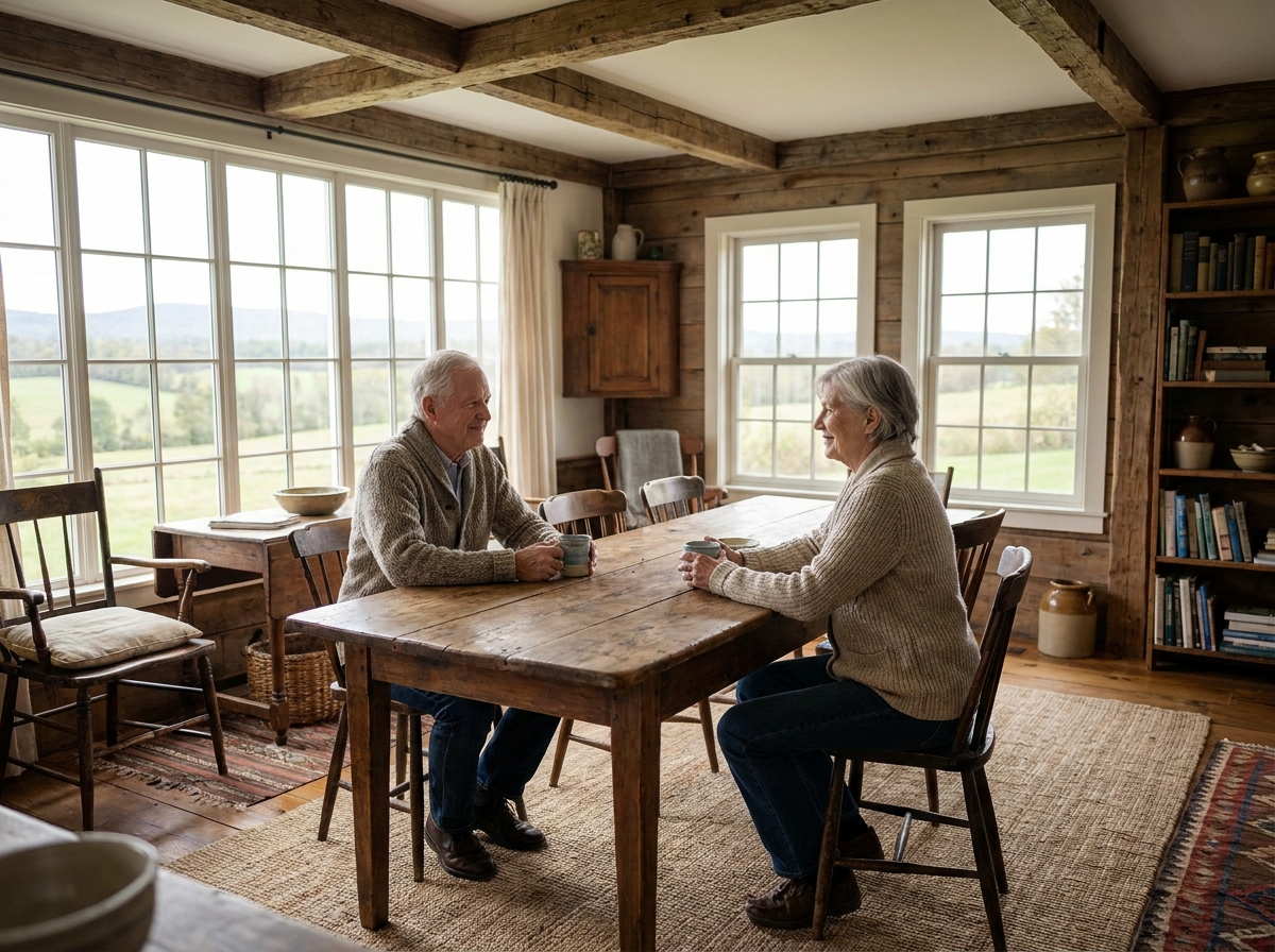 Couple âgé partageant un café dans une maison en bois
