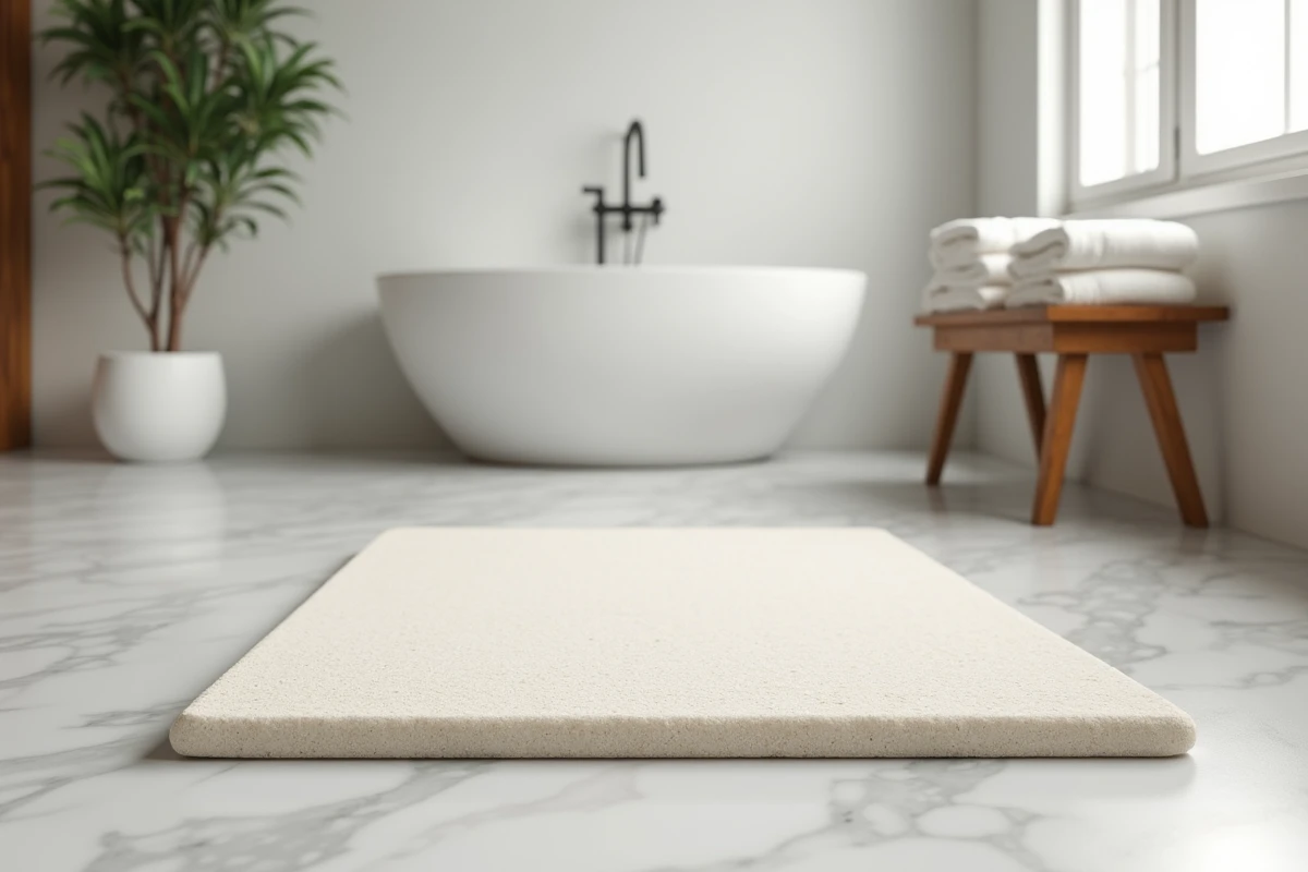 Zoom sur un tapis en pierre diatomée dans une salle de bain minimaliste