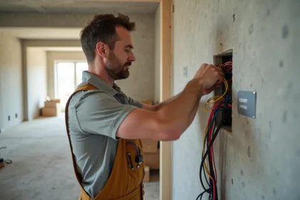 Électricien homme organisant fils électriques dans maison en construction