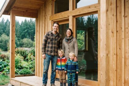 Famille de quatre devant leur maison en bois chaleureuse