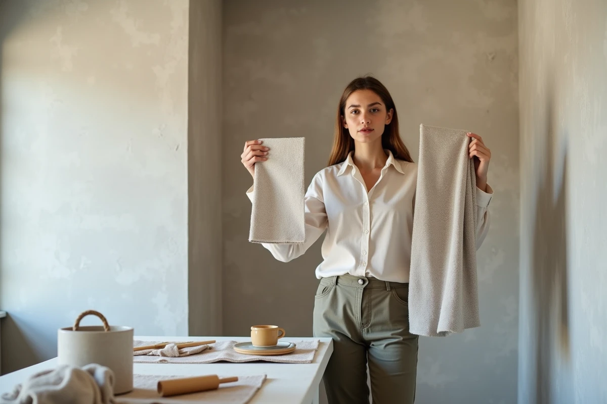Femme tenant des échantillons de fiberglfabric dans un bureau