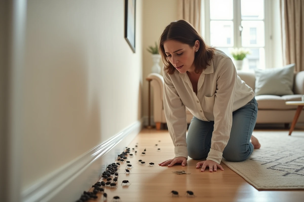 Femme d'âge moyen observe des petits insectes noirs dans un salon moderne