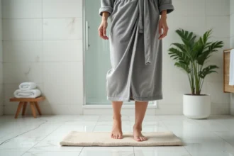 Femme en peignoir gris sur un tapis en pierre diatomée